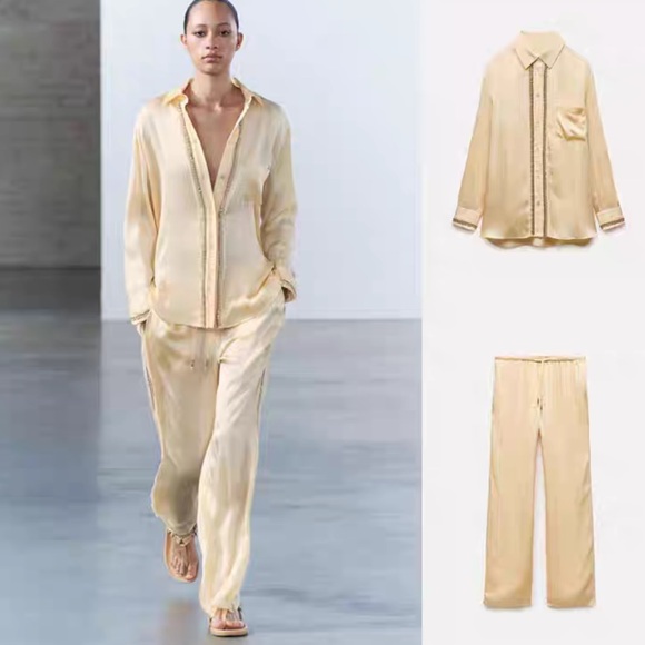 Zara Tops - ZARA CO-ORD SATIN EFFECT EMBROIDERED SHIRT & PANTS SET - PASTEL YELLOW